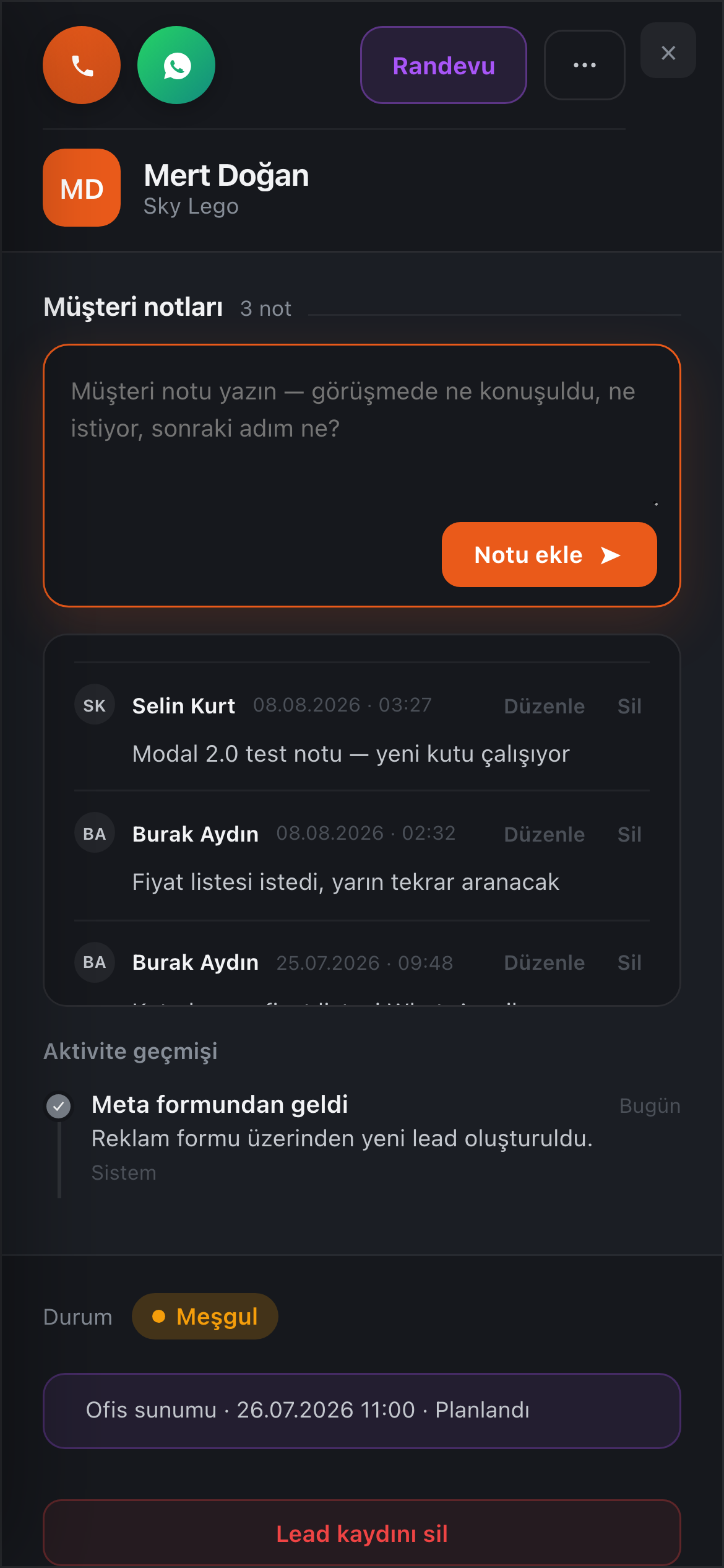 Mobil lead kartı